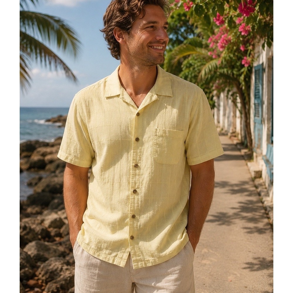 Jamaica Jaxx 100% Silk Shirt - Men's XL - Butter Yellow Short Sleeve Textured